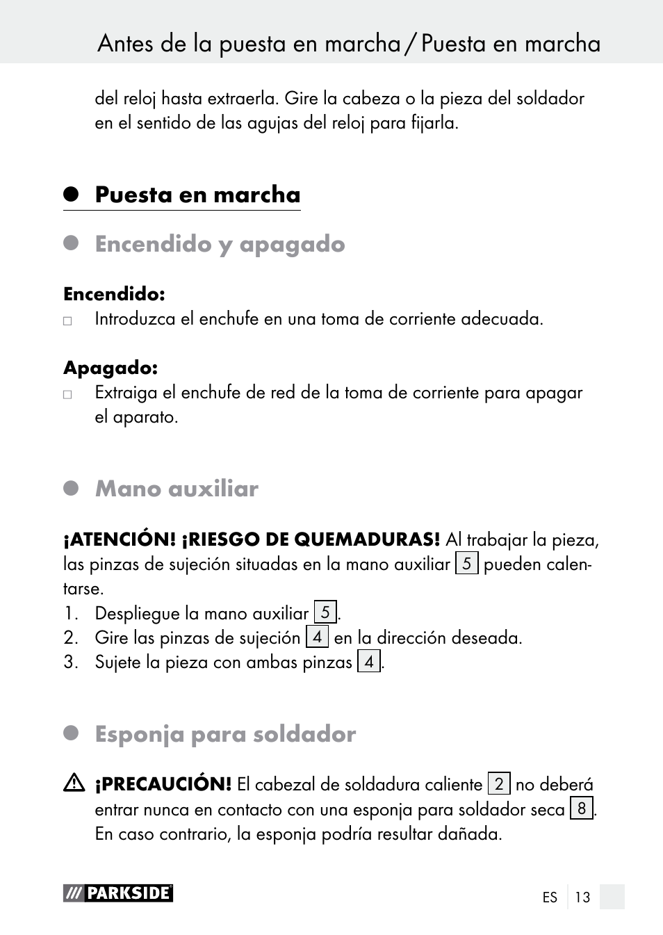 Puesta en marcha, Encendido y apagado, Mano auxiliar | Esponja para soldador | Parkside PLBS 30 A1 User Manual | Page 13 / 85