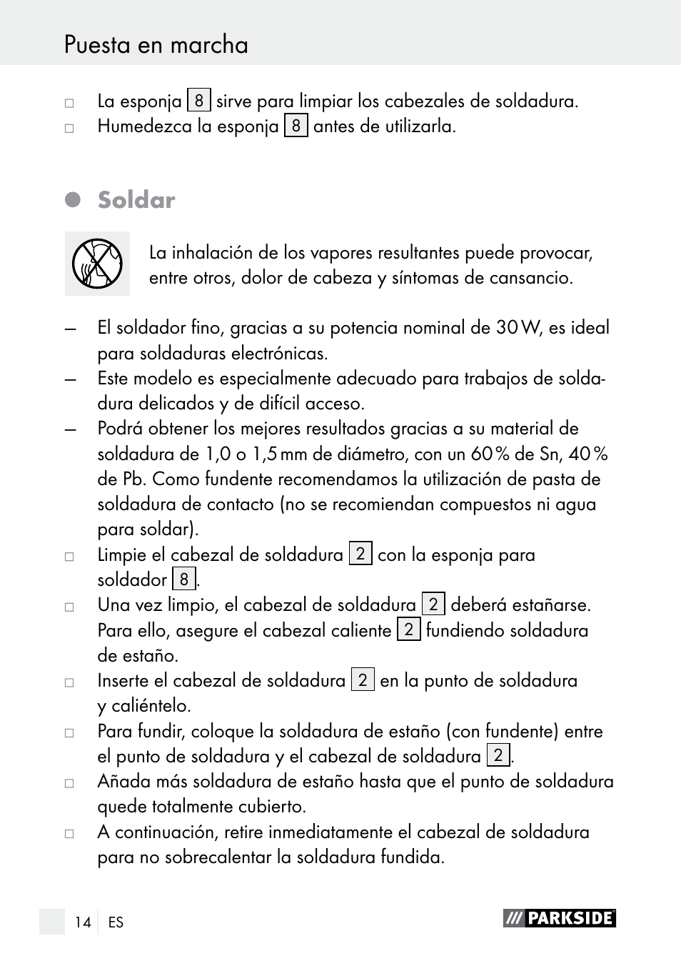 Puesta en marcha, Soldar | Parkside PLBS 30 A1 User Manual | Page 14 / 85