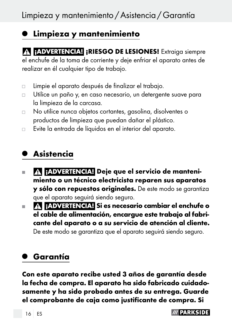 Limpieza y mantenimiento, Asistencia, Garantía | Parkside PLBS 30 A1 User Manual | Page 16 / 85