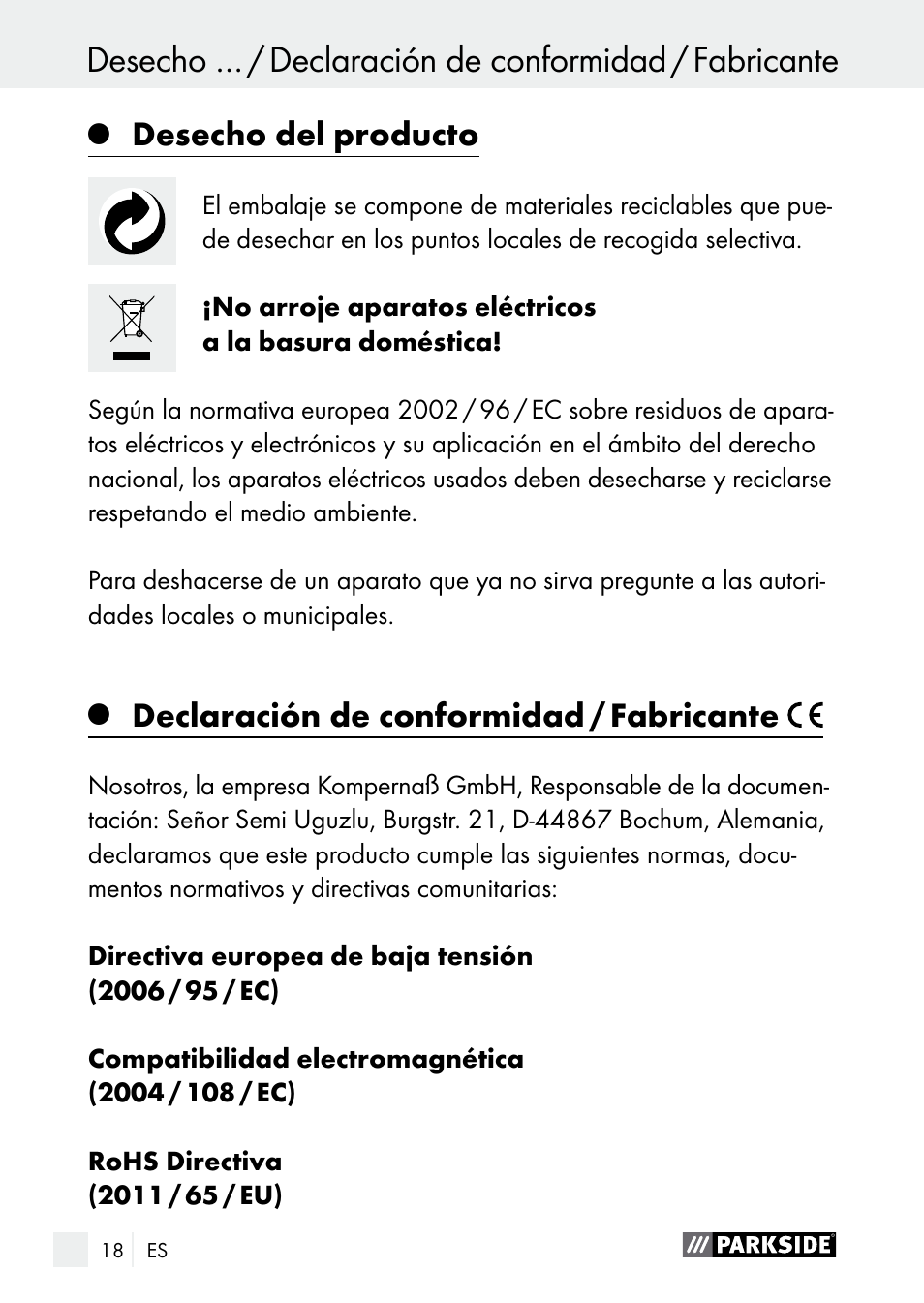Desecho del producto, Declaración de conformidad / fabricante | Parkside PLBS 30 A1 User Manual | Page 18 / 85