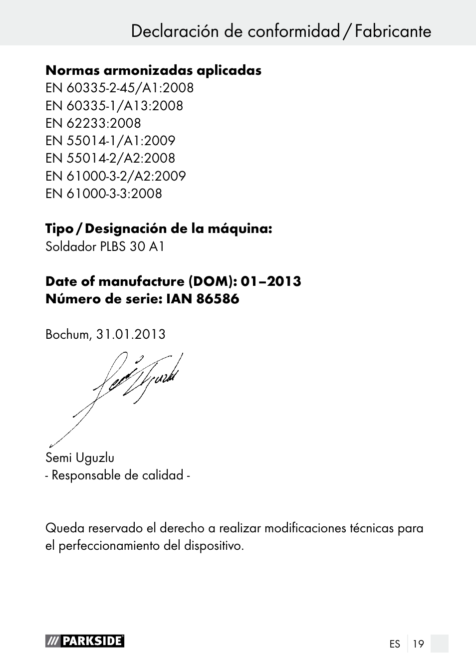 Declaración de conformidad / fabricante | Parkside PLBS 30 A1 User Manual | Page 19 / 85