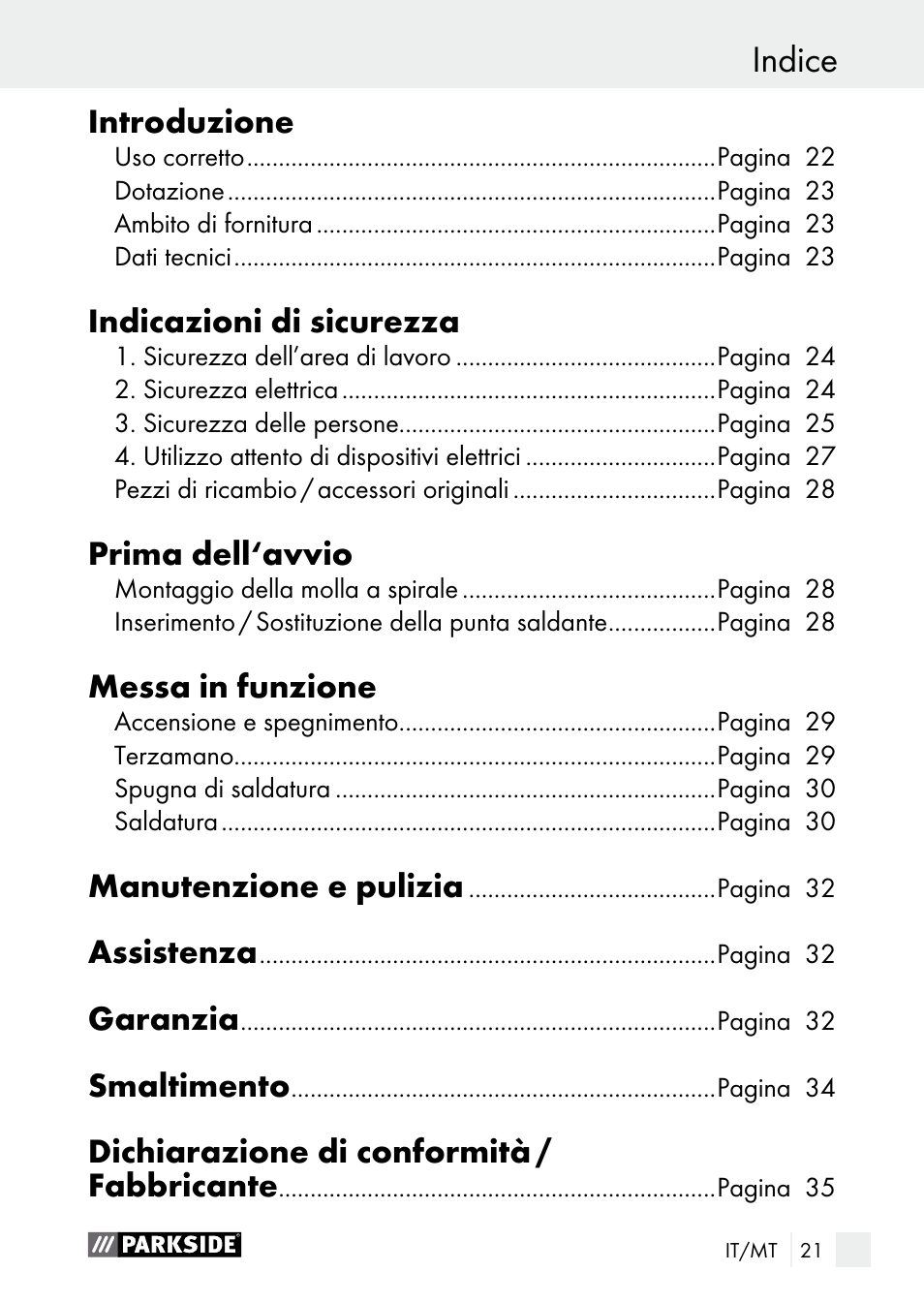 Indice | Parkside PLBS 30 A1 User Manual | Page 21 / 85