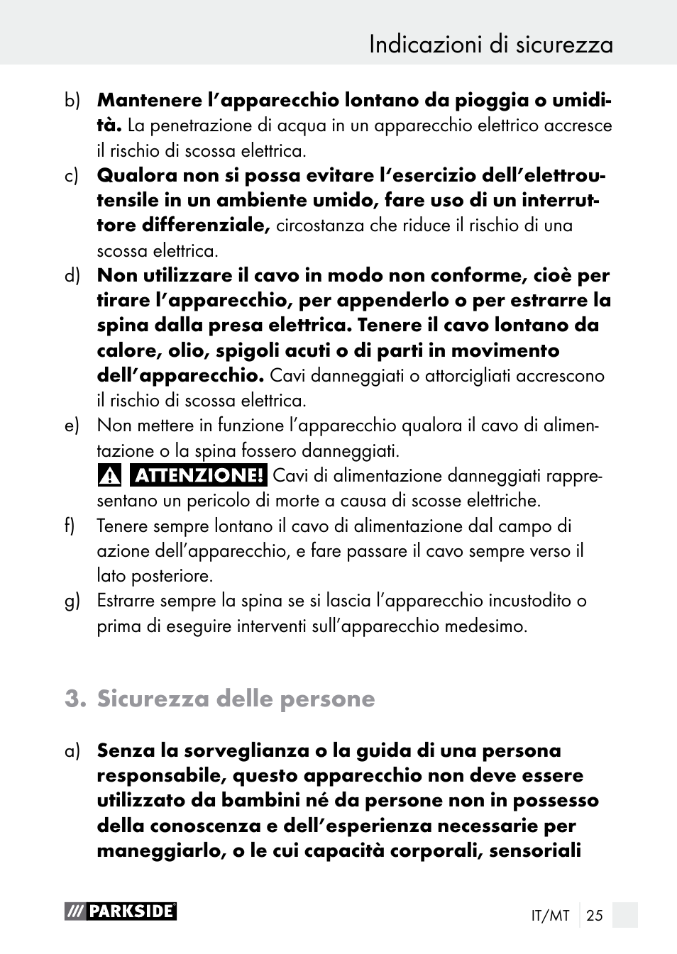 Indicazioni di sicurezza, Sicurezza delle persone | Parkside PLBS 30 A1 User Manual | Page 25 / 85