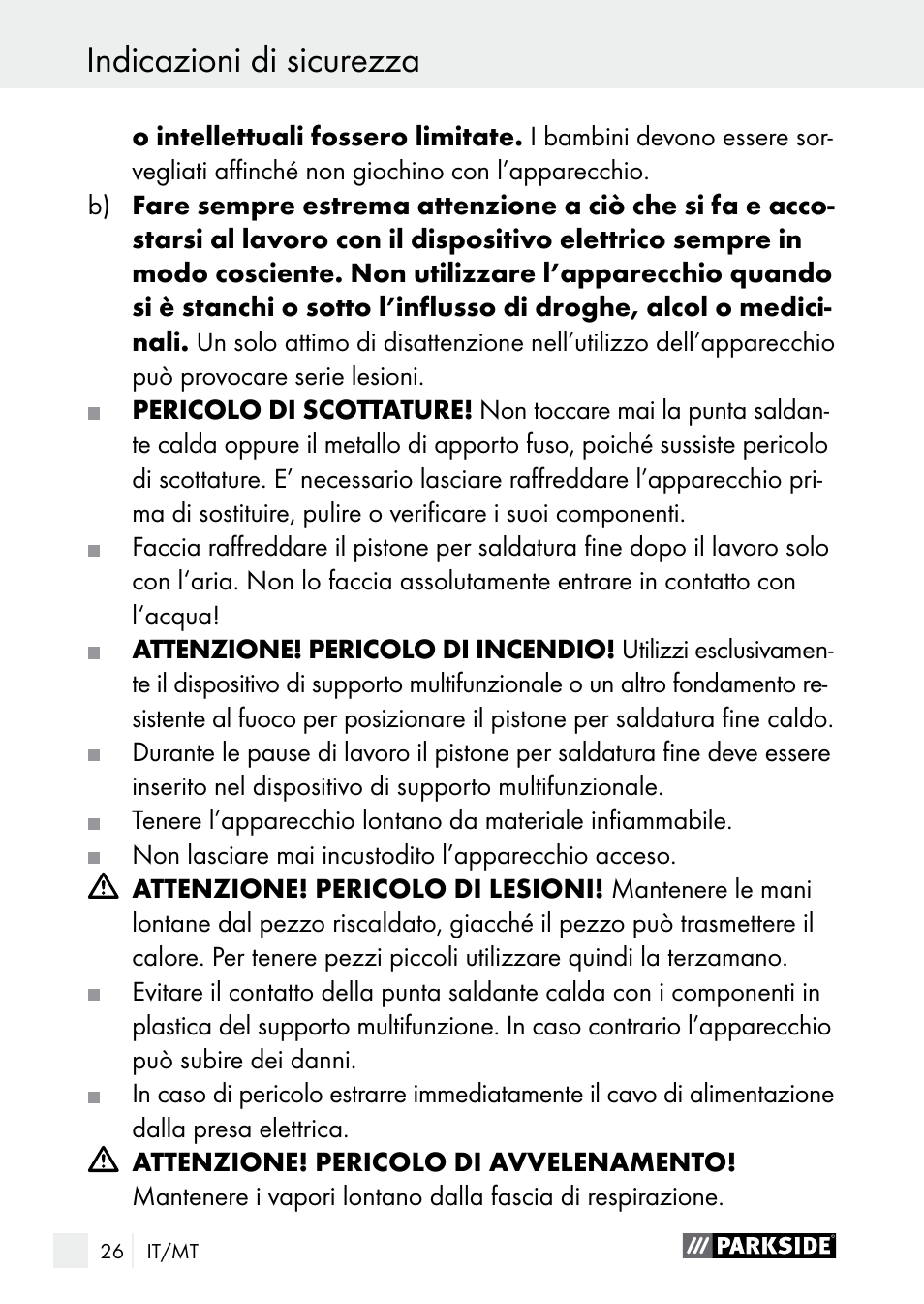 Indicazioni di sicurezza | Parkside PLBS 30 A1 User Manual | Page 26 / 85