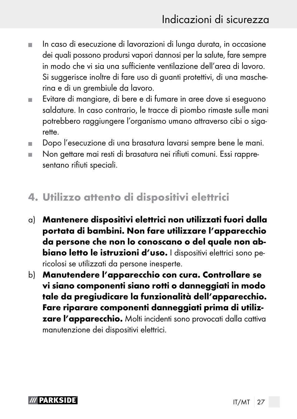 Indicazioni di sicurezza, Utilizzo attento di dispositivi elettrici | Parkside PLBS 30 A1 User Manual | Page 27 / 85