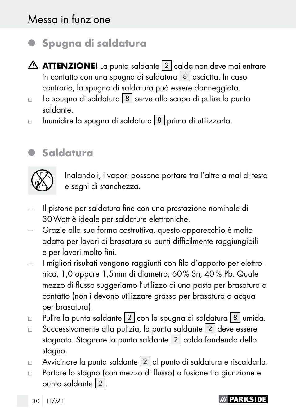 Messa in funzione, Spugna di saldatura, Saldatura | Parkside PLBS 30 A1 User Manual | Page 30 / 85