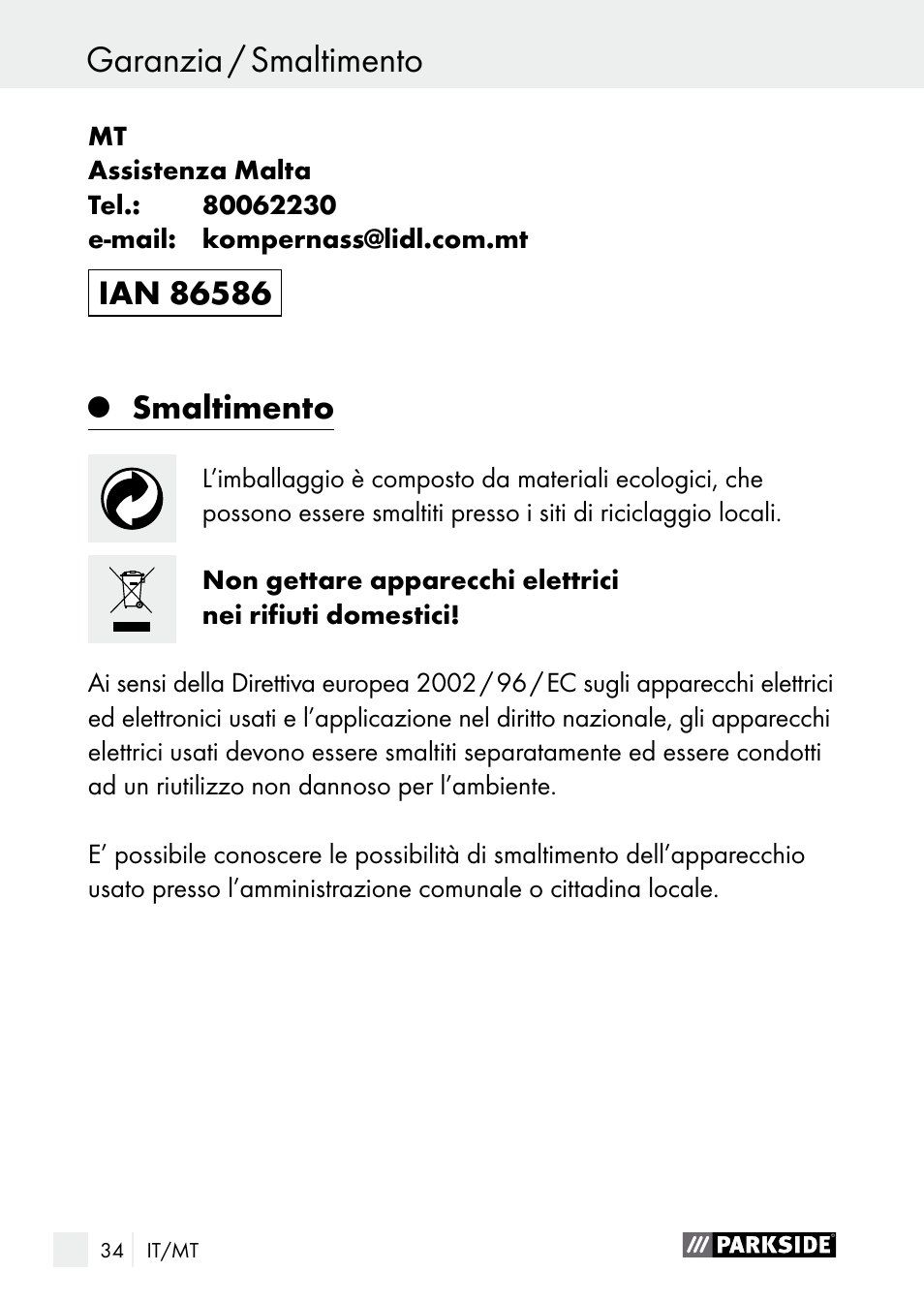 Smaltimento | Parkside PLBS 30 A1 User Manual | Page 34 / 85
