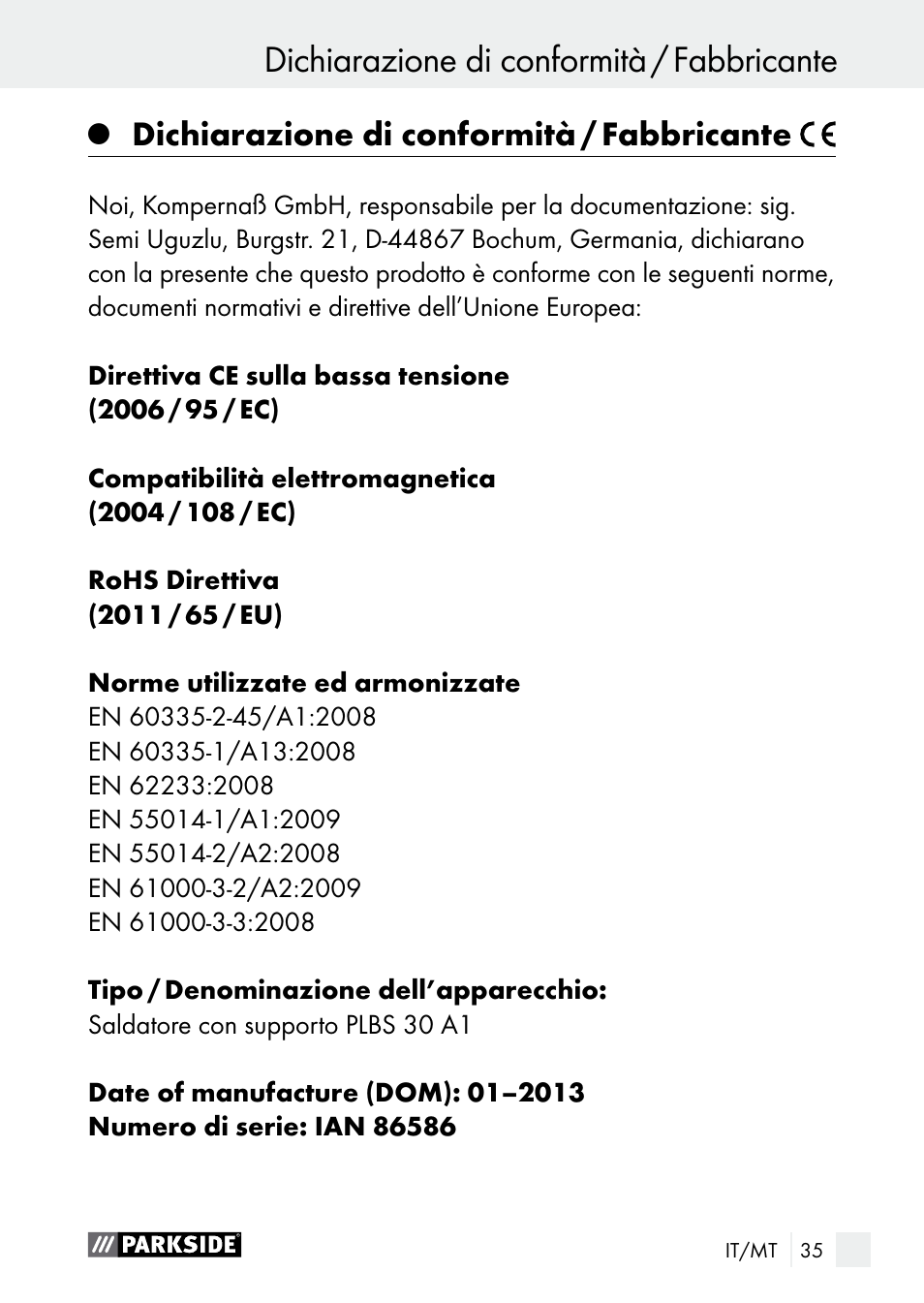 Dichiarazione di conformità / fabbricante | Parkside PLBS 30 A1 User Manual | Page 35 / 85