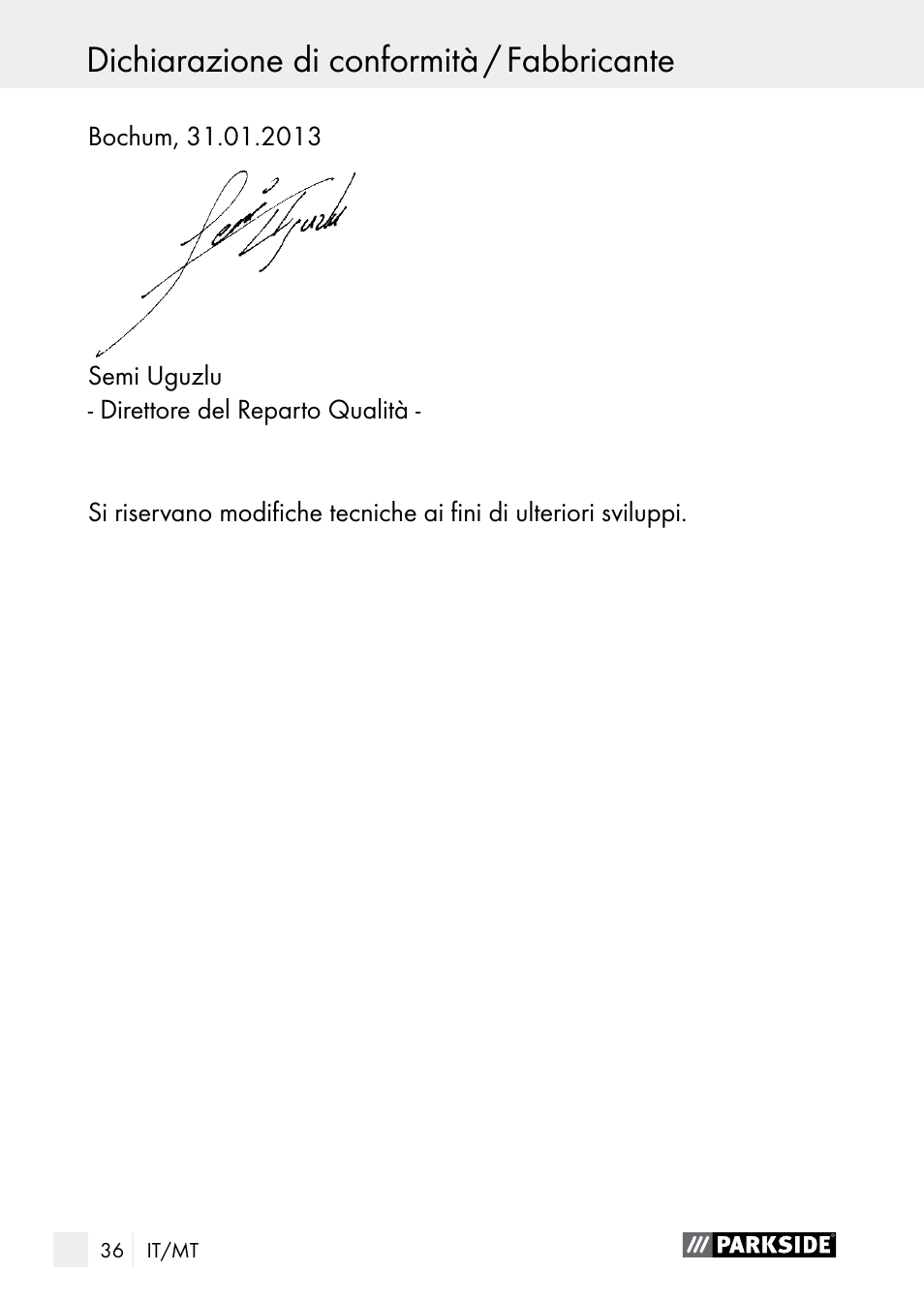 Dichiarazione di conformità / fabbricante índice | Parkside PLBS 30 A1 User Manual | Page 36 / 85