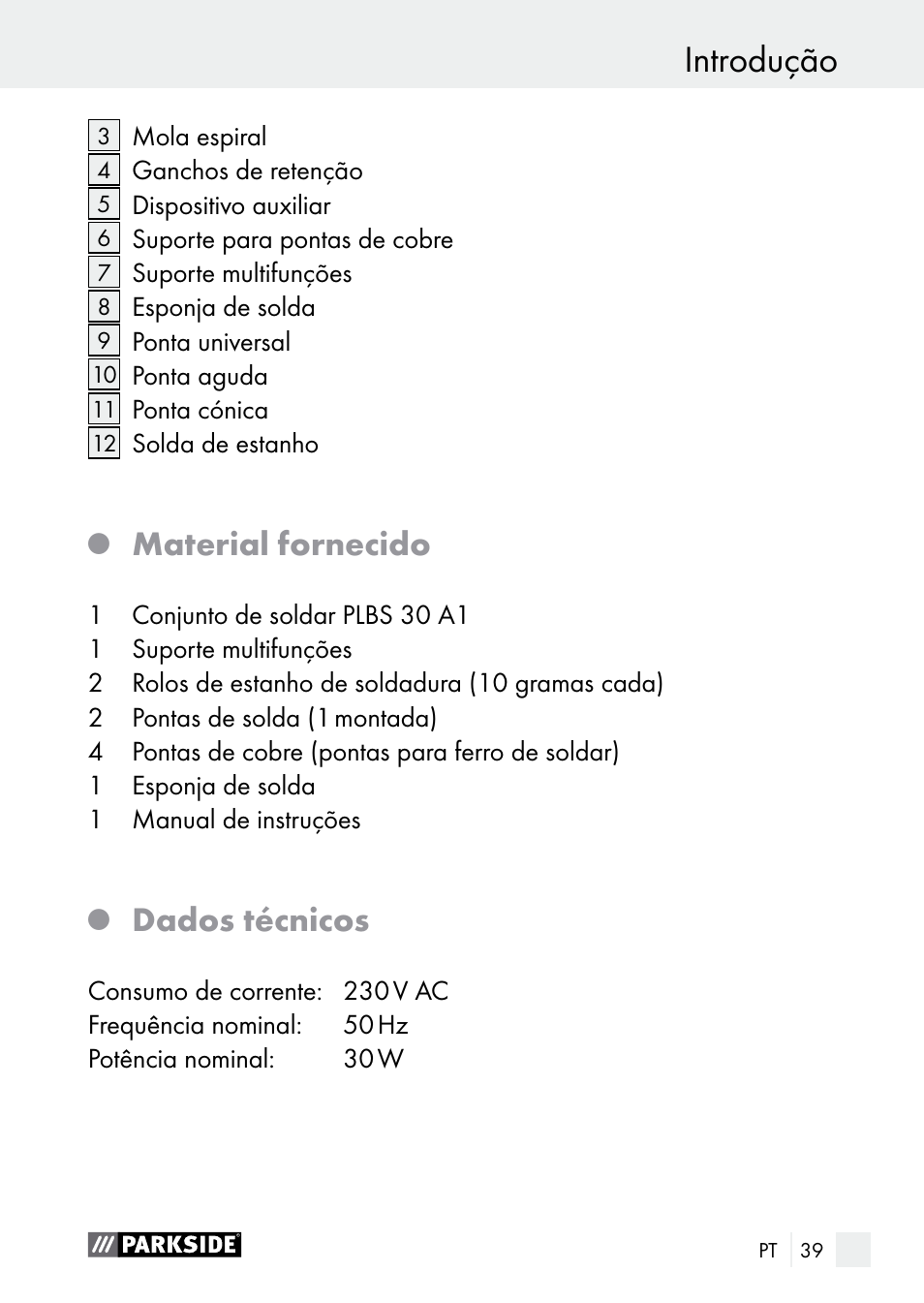 Introdução, Material fornecido, Dados técnicos | Parkside PLBS 30 A1 User Manual | Page 39 / 85