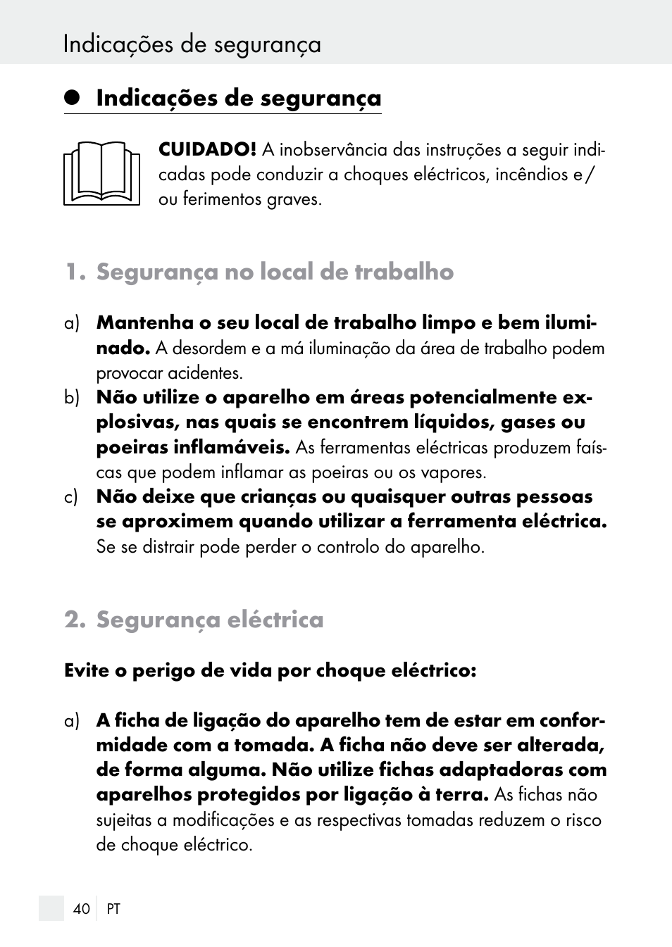 Indicações de segurança, Segurança no local de trabalho, Segurança eléctrica | Parkside PLBS 30 A1 User Manual | Page 40 / 85
