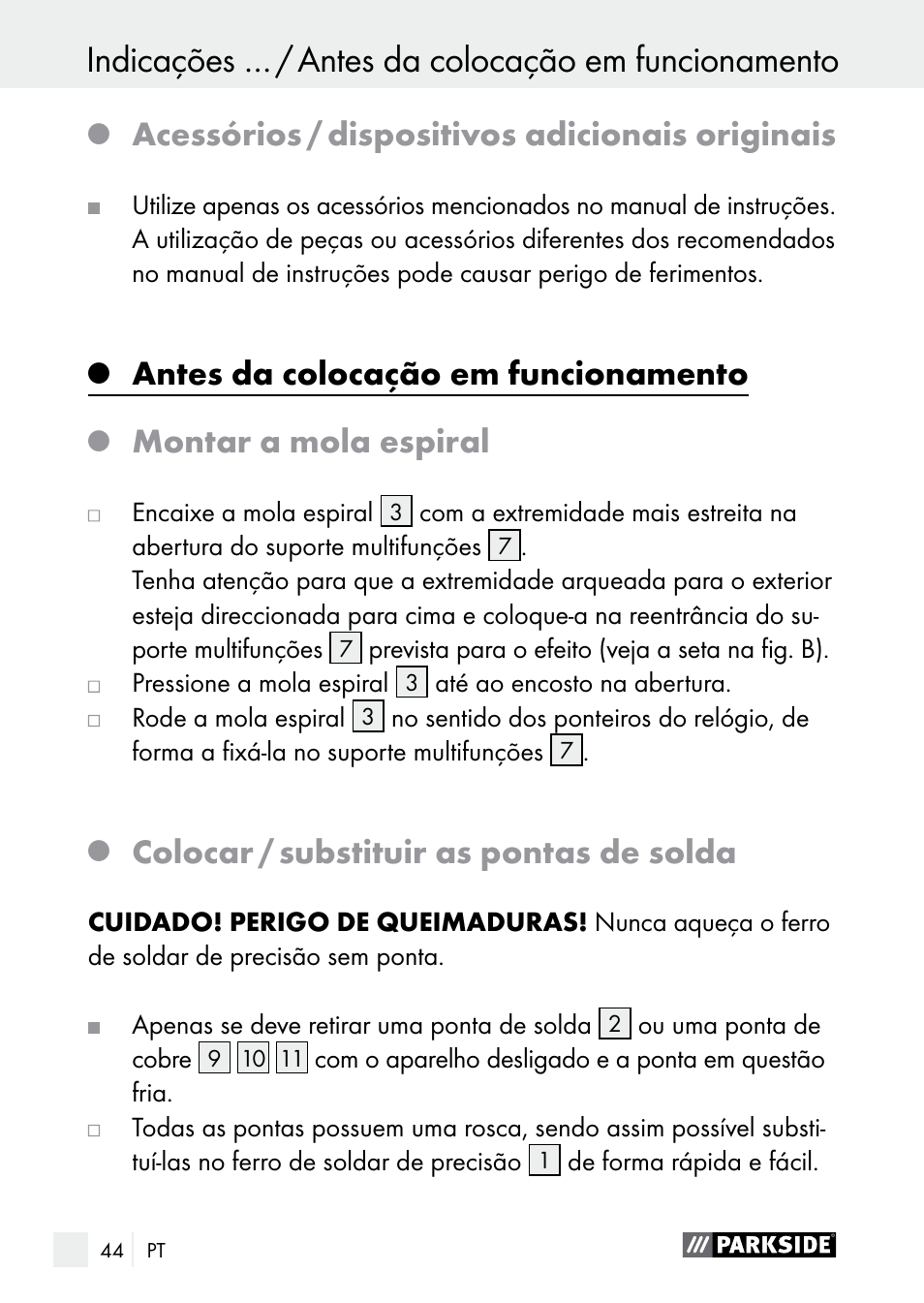 Acessórios / dispositivos adicionais originais, Antes da colocação em funcionamento, Montar a mola espiral | Colocar / substituir as pontas de solda | Parkside PLBS 30 A1 User Manual | Page 44 / 85