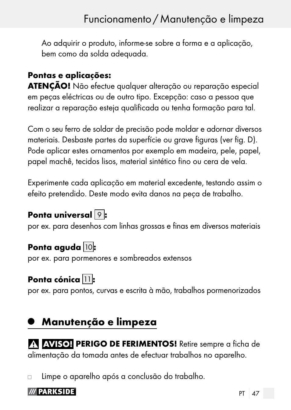 Funcionamento / manutenção e limpeza funcionamento, Manutenção e limpeza | Parkside PLBS 30 A1 User Manual | Page 47 / 85