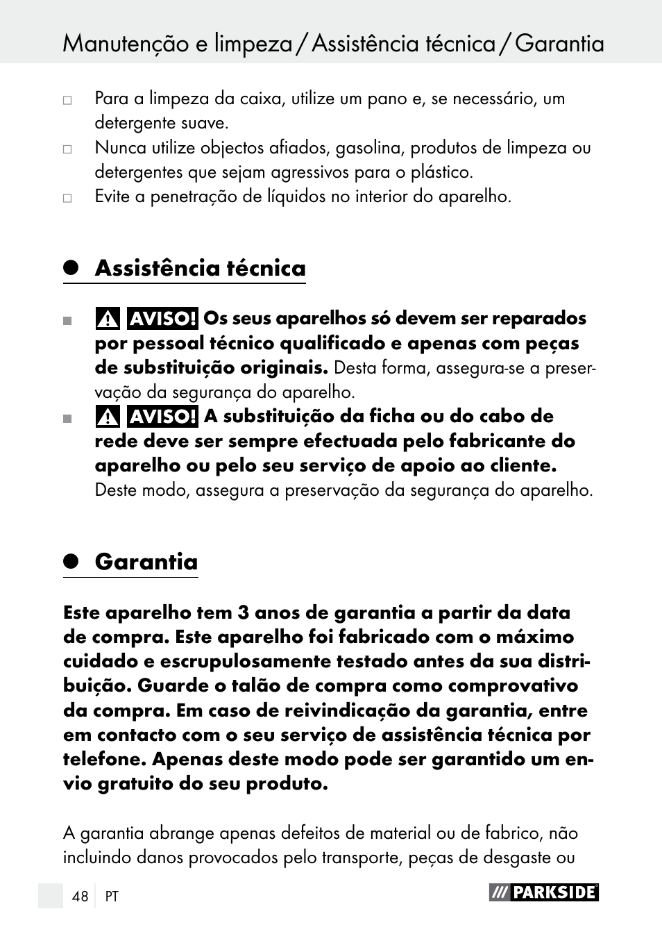 Assistência técnica, Garantia | Parkside PLBS 30 A1 User Manual | Page 48 / 85