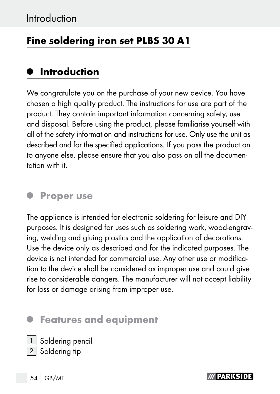 Introduction, Fine soldering iron set plbs 30 a1, Proper use | Features and equipment | Parkside PLBS 30 A1 User Manual | Page 54 / 85