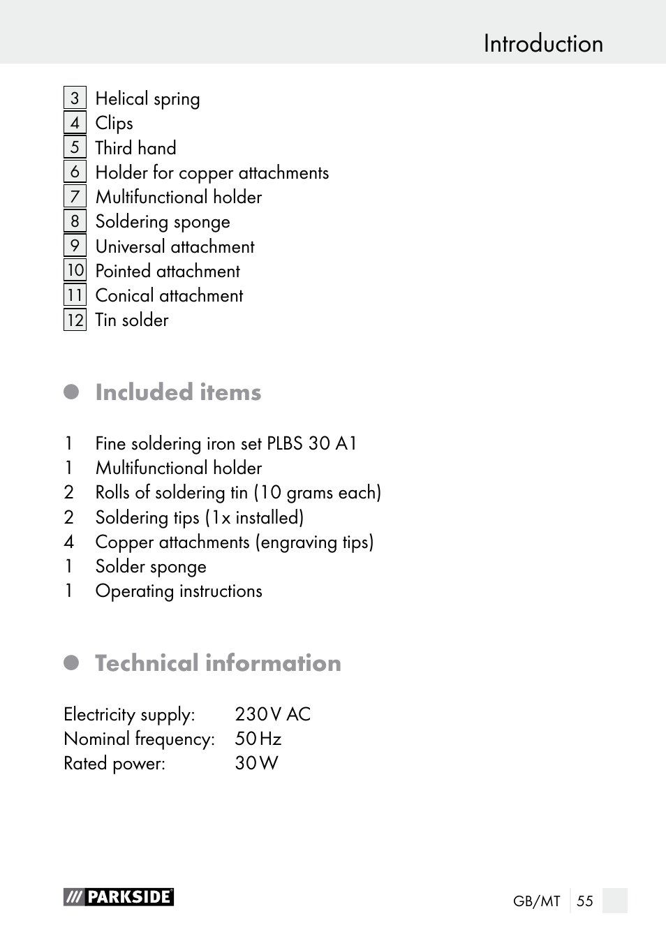 Introduction, Included items, Technical information | Parkside PLBS 30 A1 User Manual | Page 55 / 85