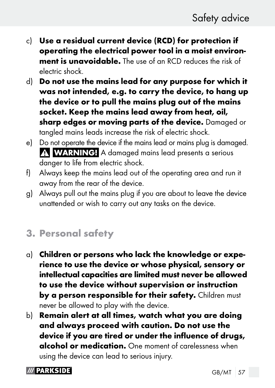 Safety advice, Personal safety | Parkside PLBS 30 A1 User Manual | Page 57 / 85