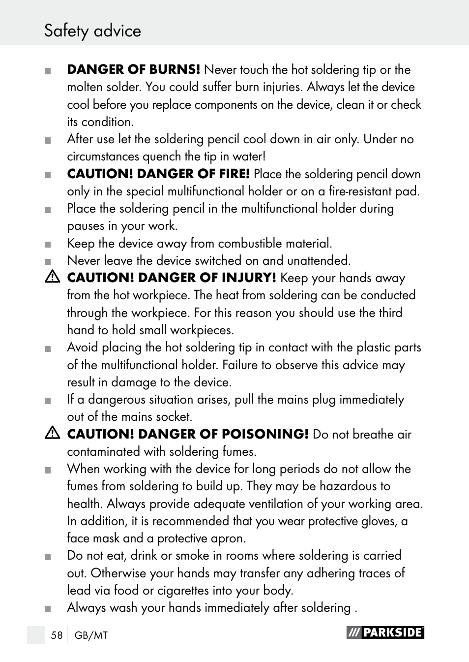 Safety advice | Parkside PLBS 30 A1 User Manual | Page 58 / 85