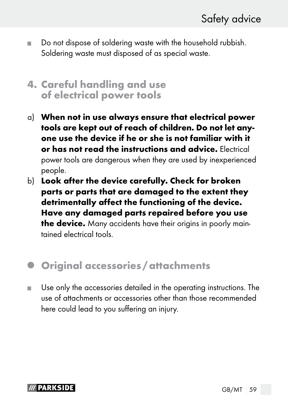Safety advice, Careful handling and use of electrical power tools, Original accessories / attachments | Parkside PLBS 30 A1 User Manual | Page 59 / 85