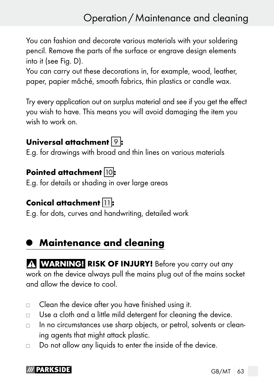 Operation / maintenance and cleaning operation, Maintenance and cleaning | Parkside PLBS 30 A1 User Manual | Page 63 / 85