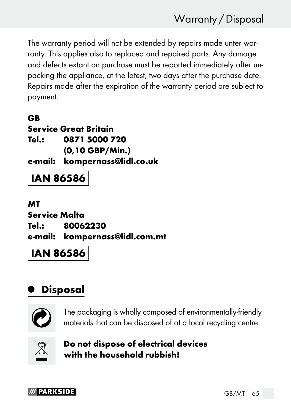 Warranty / disposal service centre / warranty, Disposal | Parkside PLBS 30 A1 User Manual | Page 65 / 85