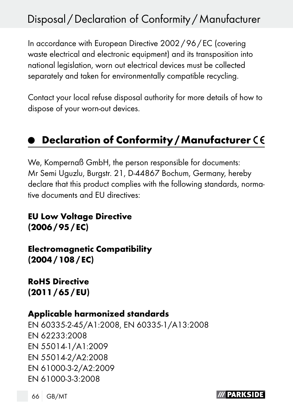 Declaration of conformity / manufacturer | Parkside PLBS 30 A1 User Manual | Page 66 / 85