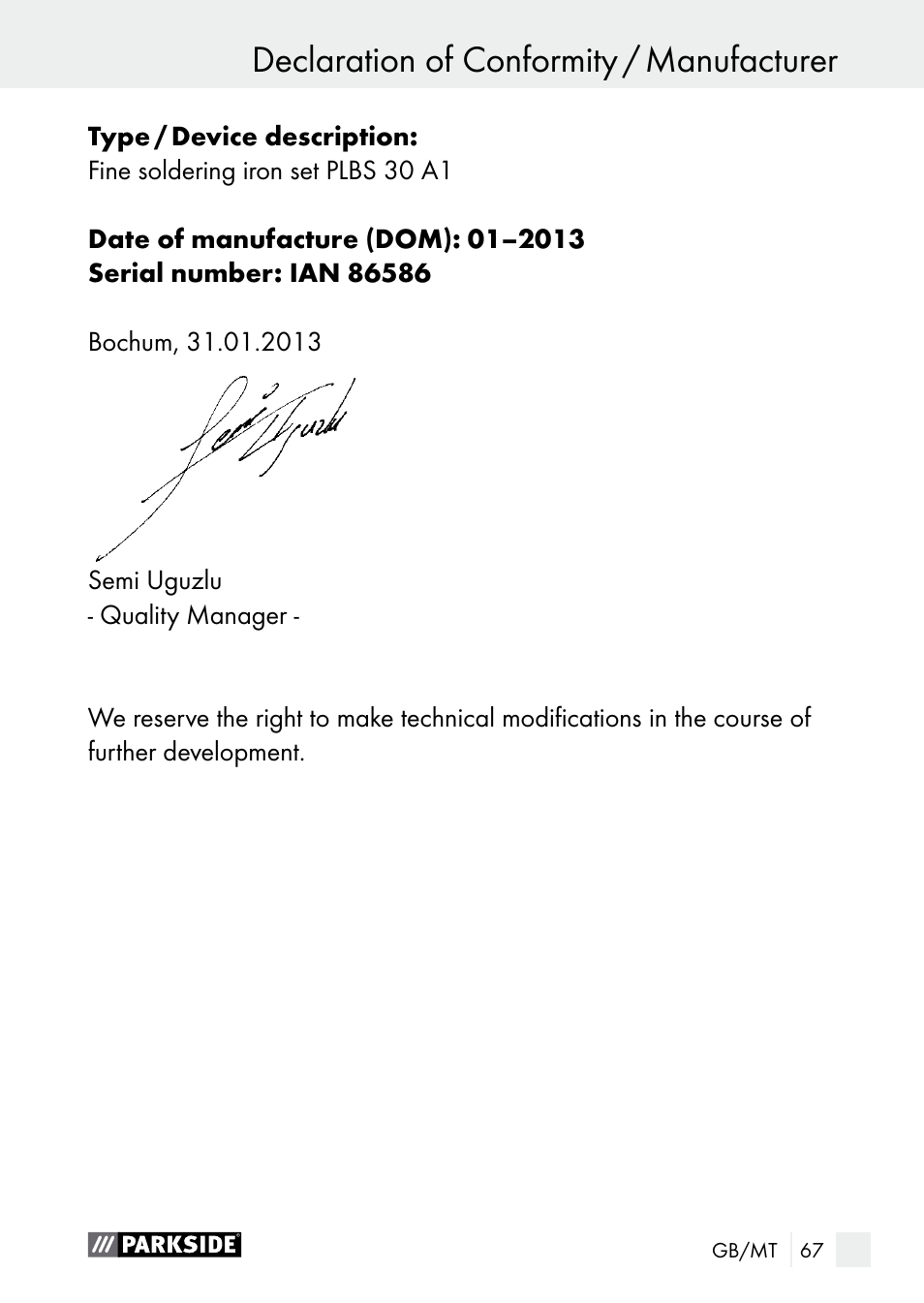 Parkside PLBS 30 A1 User Manual | Page 67 / 85