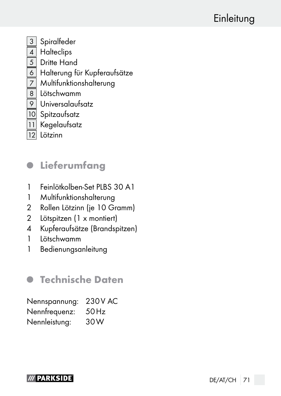 Einleitung, Lieferumfang, Technische daten | Parkside PLBS 30 A1 User Manual | Page 71 / 85