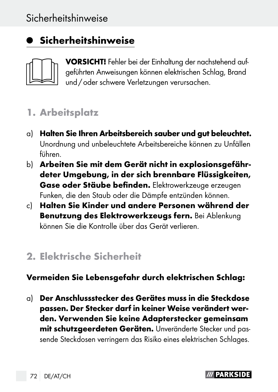 Sicherheitshinweise, Arbeitsplatz, Elektrische sicherheit | Parkside PLBS 30 A1 User Manual | Page 72 / 85