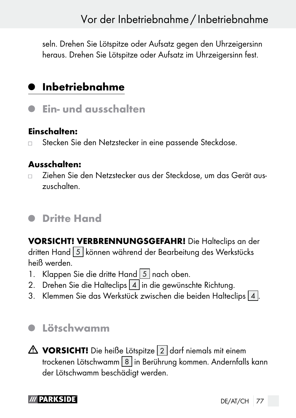 Inbetriebnahme, Ein- und ausschalten, Dritte hand | Lötschwamm | Parkside PLBS 30 A1 User Manual | Page 77 / 85