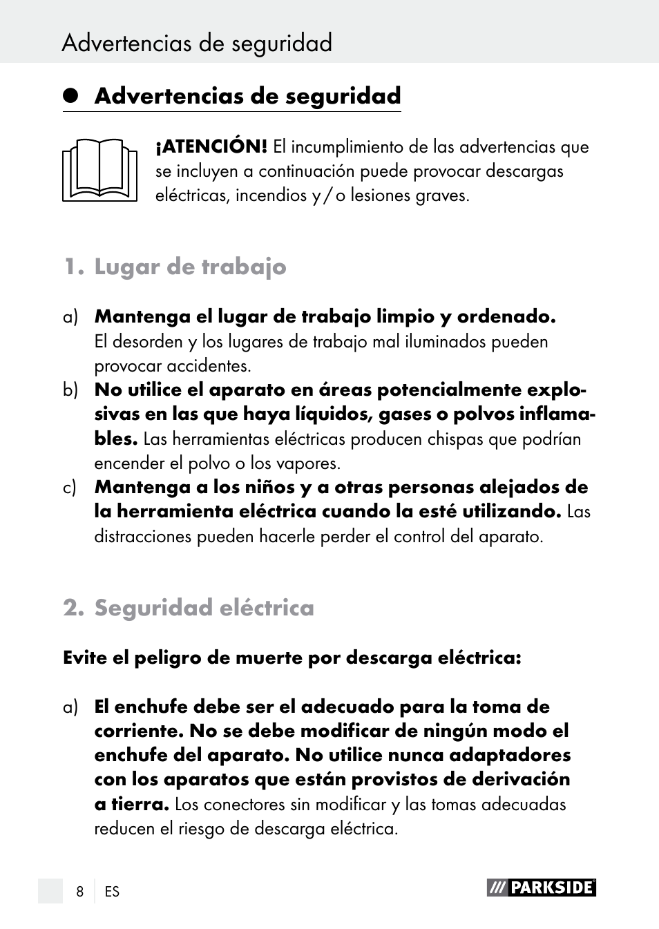 Advertencias de seguridad, Lugar de trabajo, Seguridad eléctrica | Parkside PLBS 30 A1 User Manual | Page 8 / 85