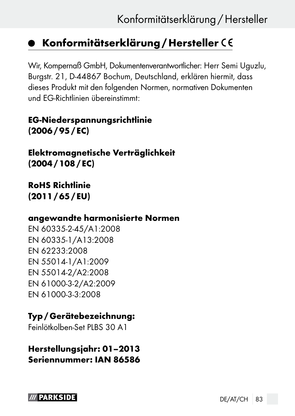 Konformitätserklärung / hersteller | Parkside PLBS 30 A1 User Manual | Page 83 / 85