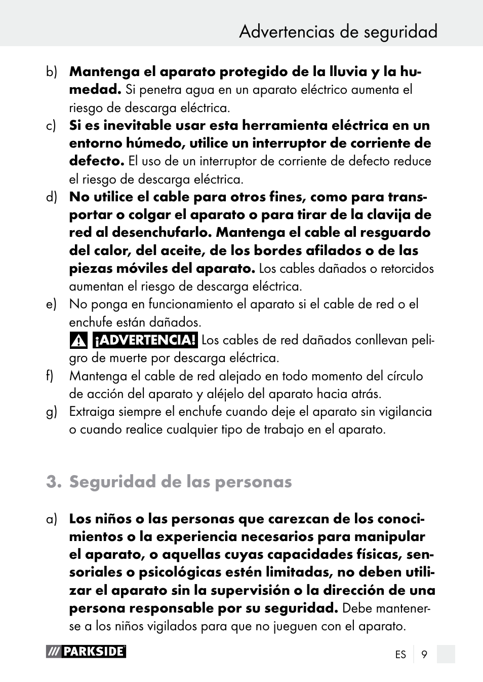 Advertencias de seguridad, Seguridad de las personas | Parkside PLBS 30 A1 User Manual | Page 9 / 85