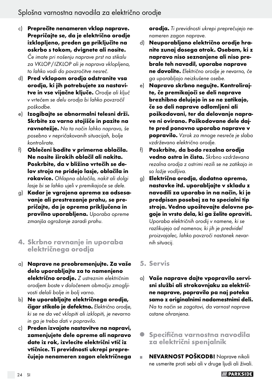 Skrbno ravnanje in uporaba električnega orodja, Servis | Parkside PET 25 A1 User Manual | Page 24 / 53