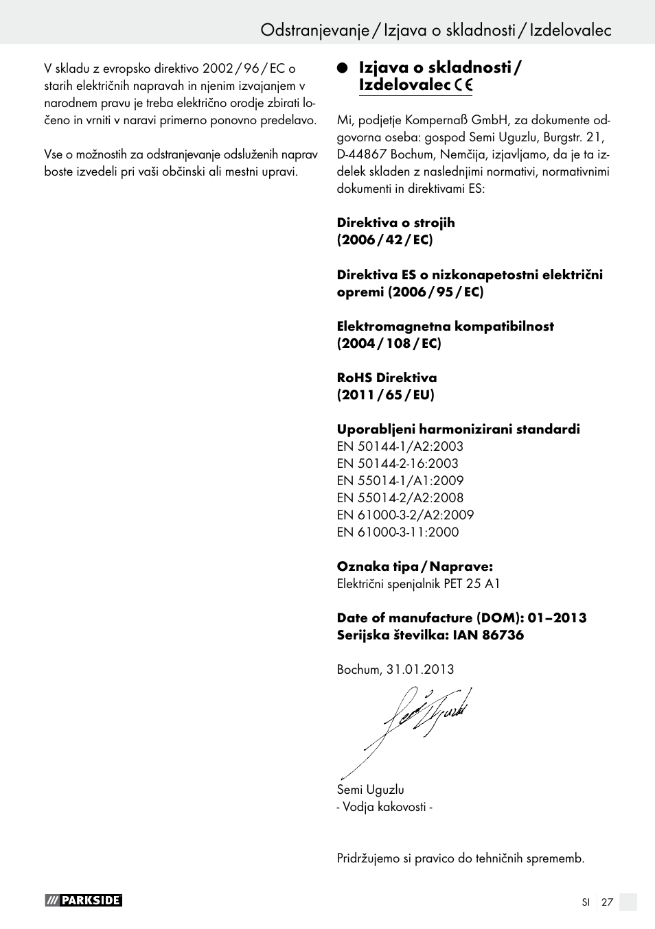 Izjava o skladnosti / izdelovalec | Parkside PET 25 A1 User Manual | Page 27 / 53