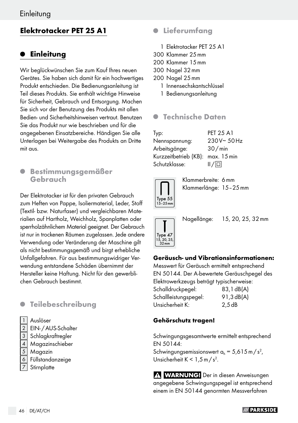 Elektrotacker pet 25 a1, Einleitung, Bestimmungsgemäßer gebrauch | Teilebeschreibung, Lieferumfang, Technische daten | Parkside PET 25 A1 User Manual | Page 46 / 53