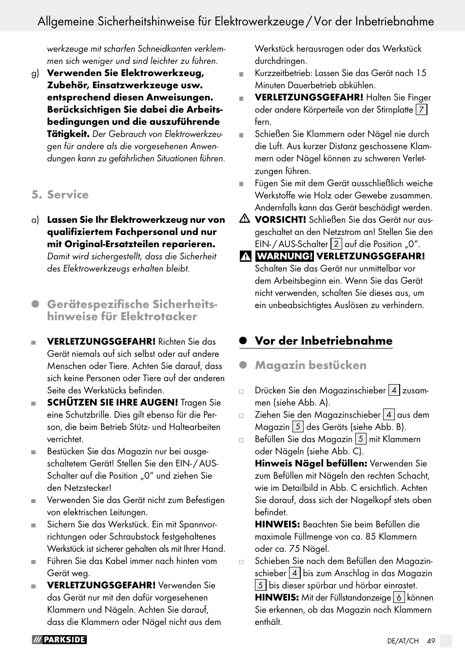 Service, Vor der inbetriebnahme, Magazin bestücken | Parkside PET 25 A1 User Manual | Page 49 / 53