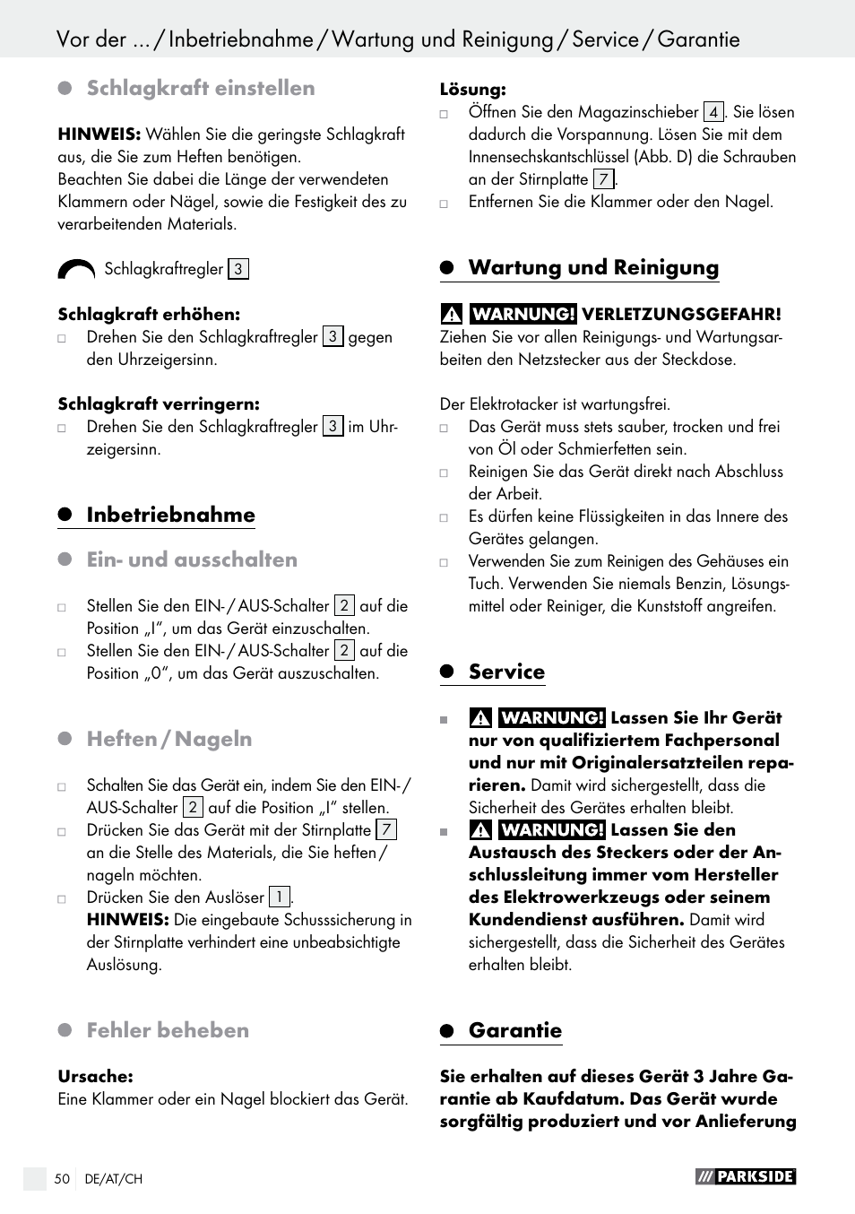 Schlagkraft einstellen, Inbetriebnahme, Ein- und ausschalten | Heften / nageln, Fehler beheben, Wartung und reinigung, Service, Garantie | Parkside PET 25 A1 User Manual | Page 50 / 53