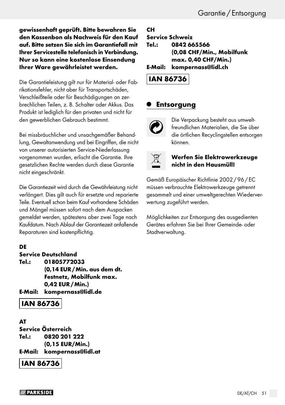 Entsorgung | Parkside PET 25 A1 User Manual | Page 51 / 53