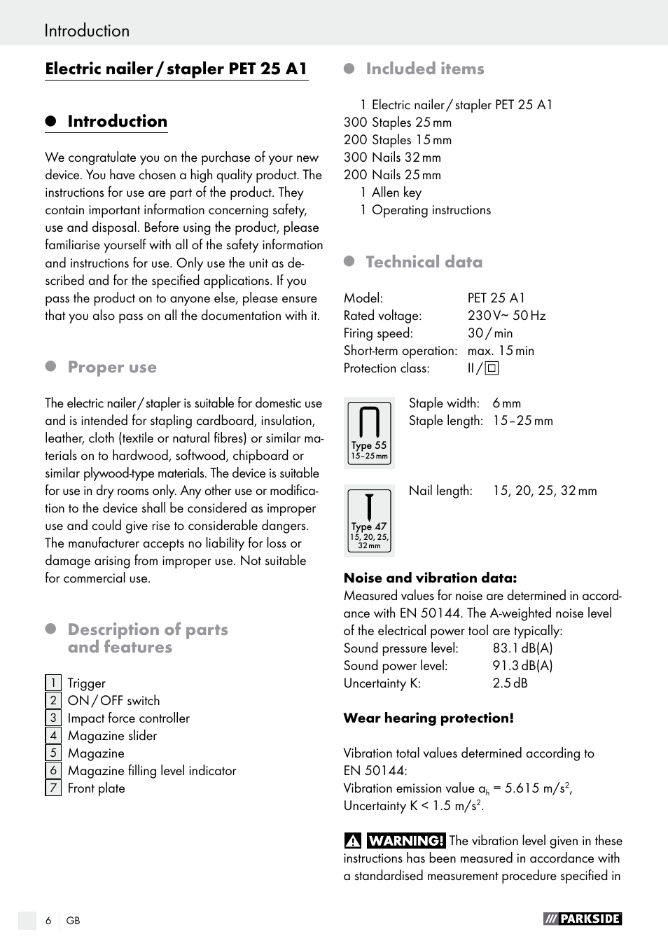 Electric nailer / stapler pet 25 a1, Introduction, Proper use | Description of parts and features, Included items, Technical data | Parkside PET 25 A1 User Manual | Page 6 / 53