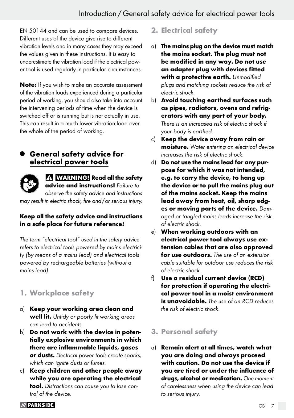 General safety advice for electrical power tools, Workplace safety, Electrical safety | Personal safety | Parkside PET 25 A1 User Manual | Page 7 / 53