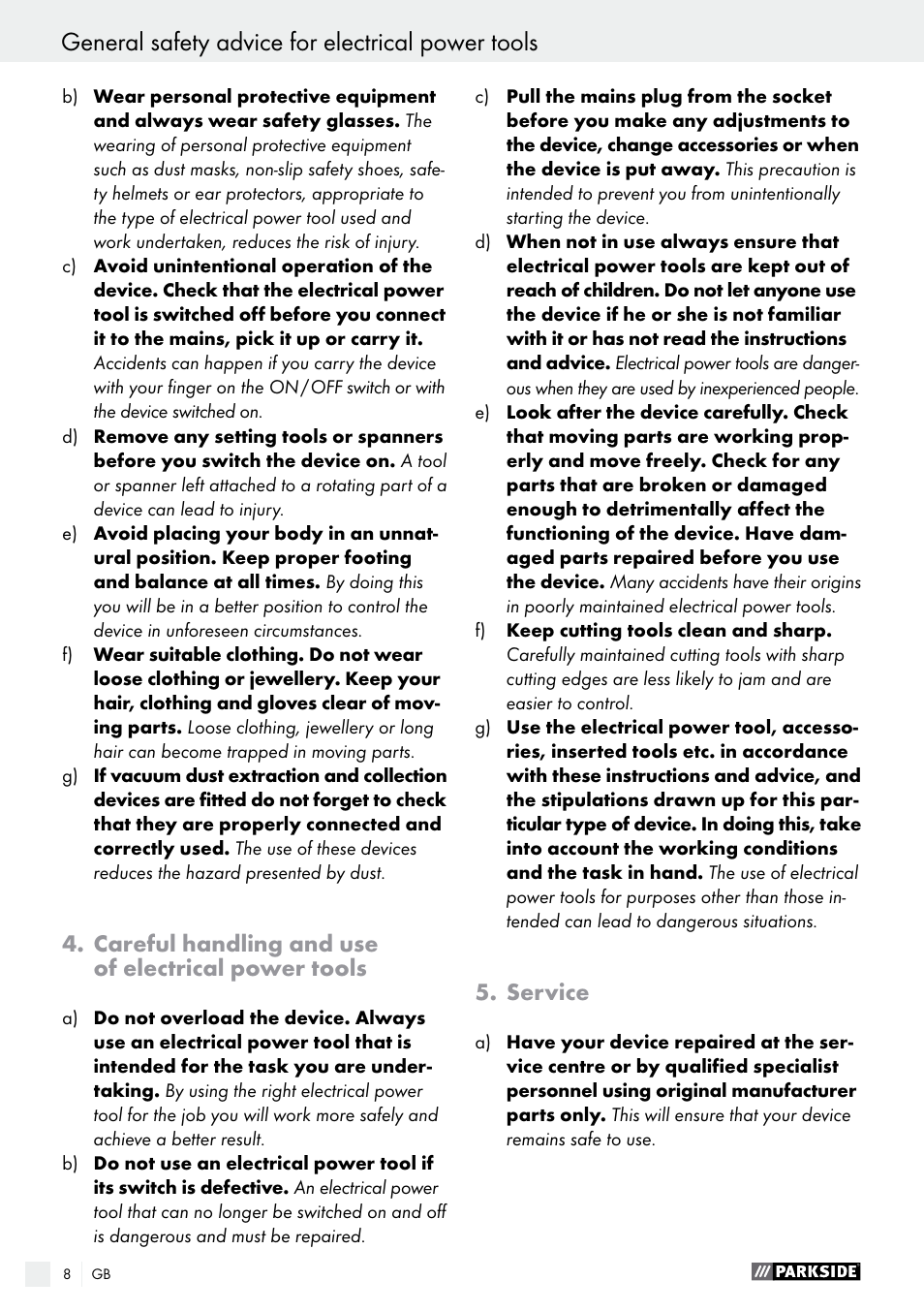 Careful handling and use of electrical power tools, Service | Parkside PET 25 A1 User Manual | Page 8 / 53