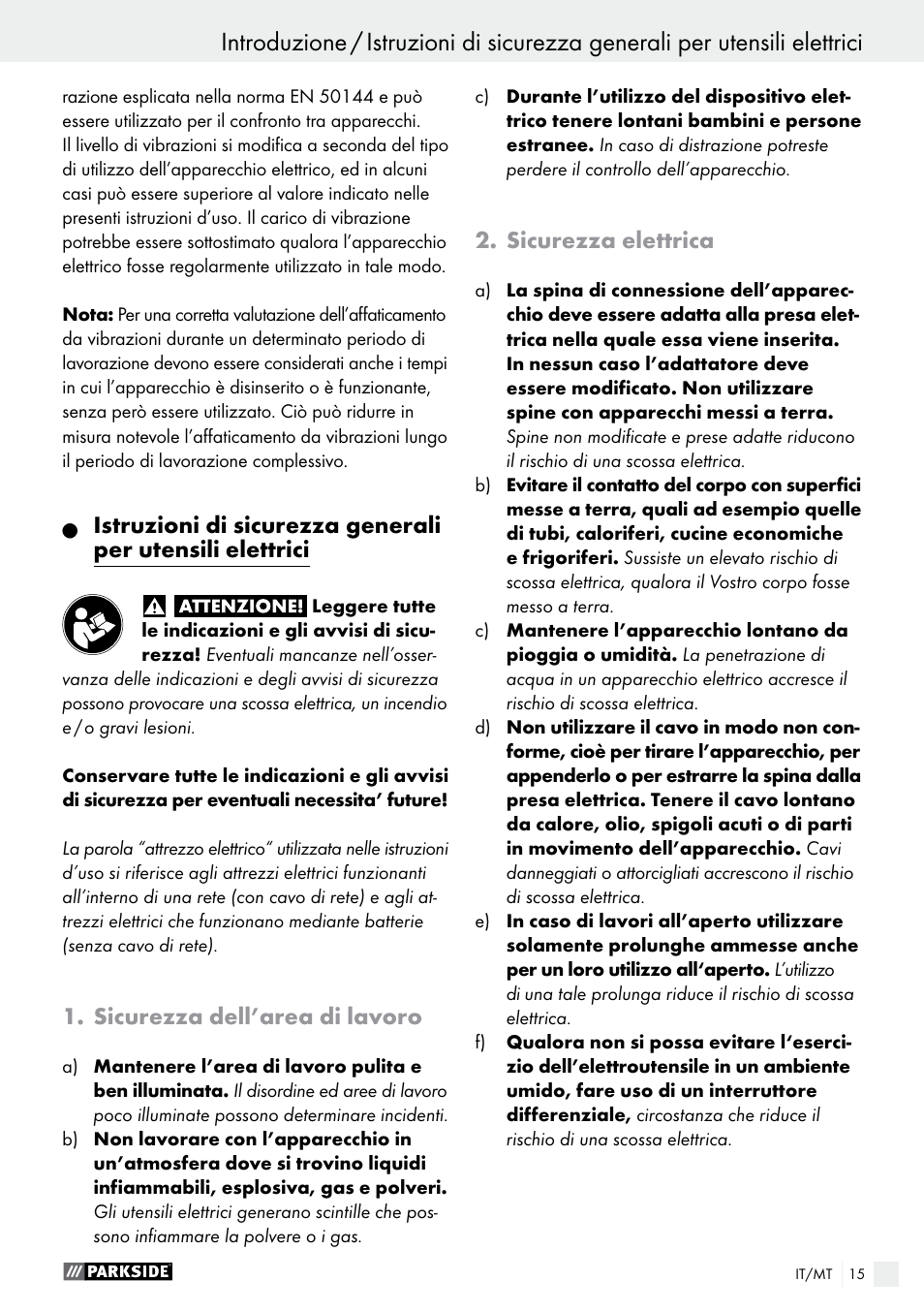 Sicurezza dell’area di lavoro, Sicurezza elettrica | Parkside PET 25 A1 User Manual | Page 15 / 45