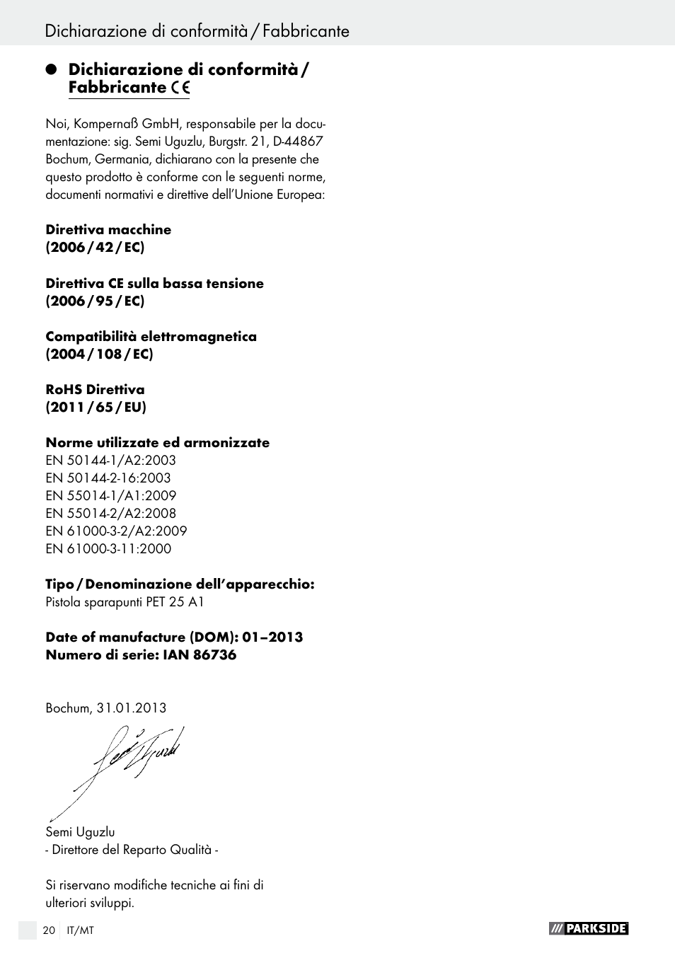 Índice, Dichiarazione di conformità / fabbricante | Parkside PET 25 A1 User Manual | Page 20 / 45