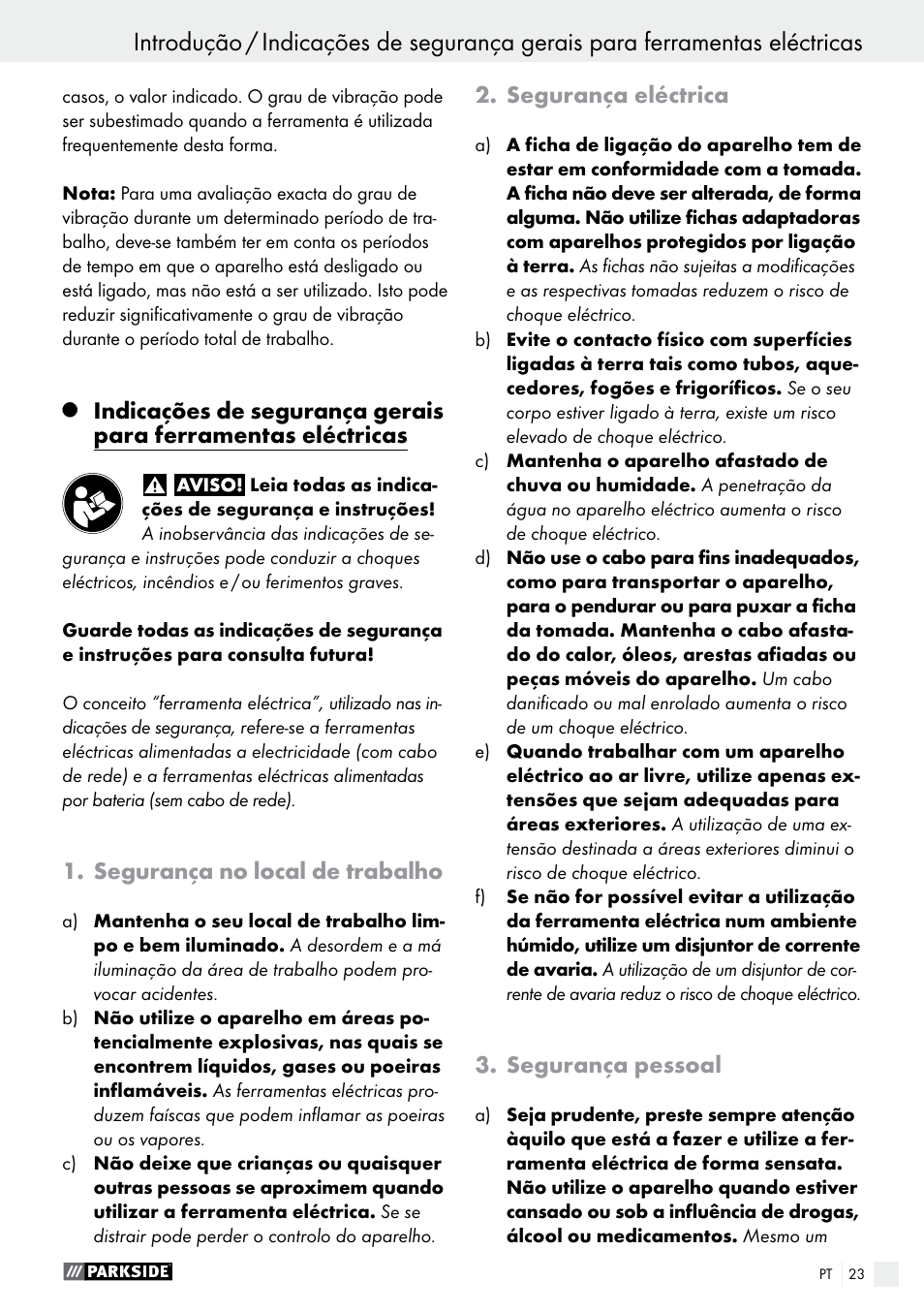 Segurança no local de trabalho, Segurança eléctrica, Segurança pessoal | Parkside PET 25 A1 User Manual | Page 23 / 45