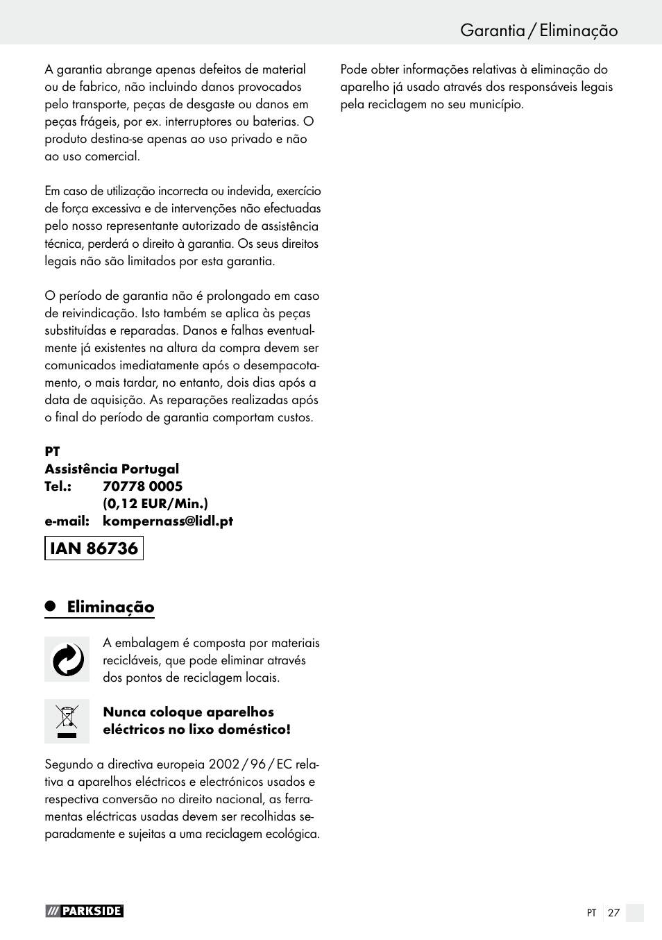 Garantia / eliminação, Eliminação | Parkside PET 25 A1 User Manual | Page 27 / 45