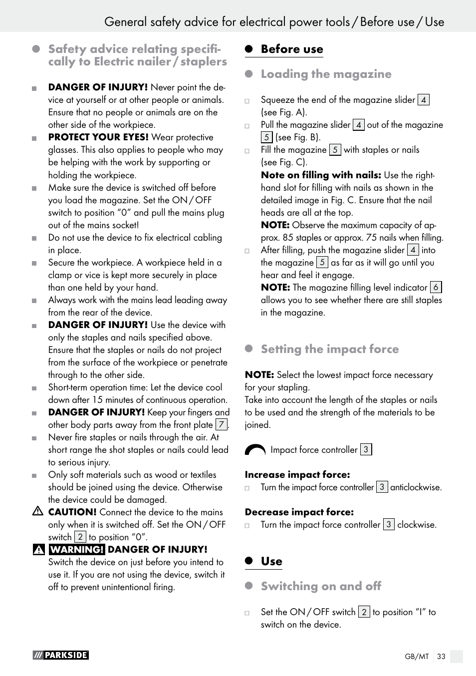 Before use, Loading the magazine, Setting the impact force | Switching on and off | Parkside PET 25 A1 User Manual | Page 33 / 45
