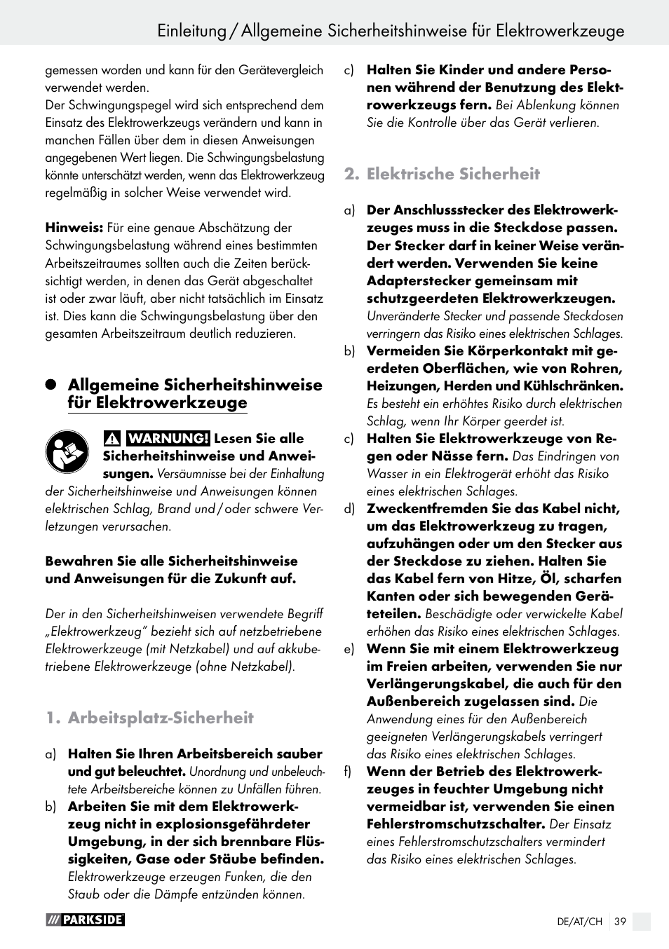 Arbeitsplatz-sicherheit, Elektrische sicherheit | Parkside PET 25 A1 User Manual | Page 39 / 45