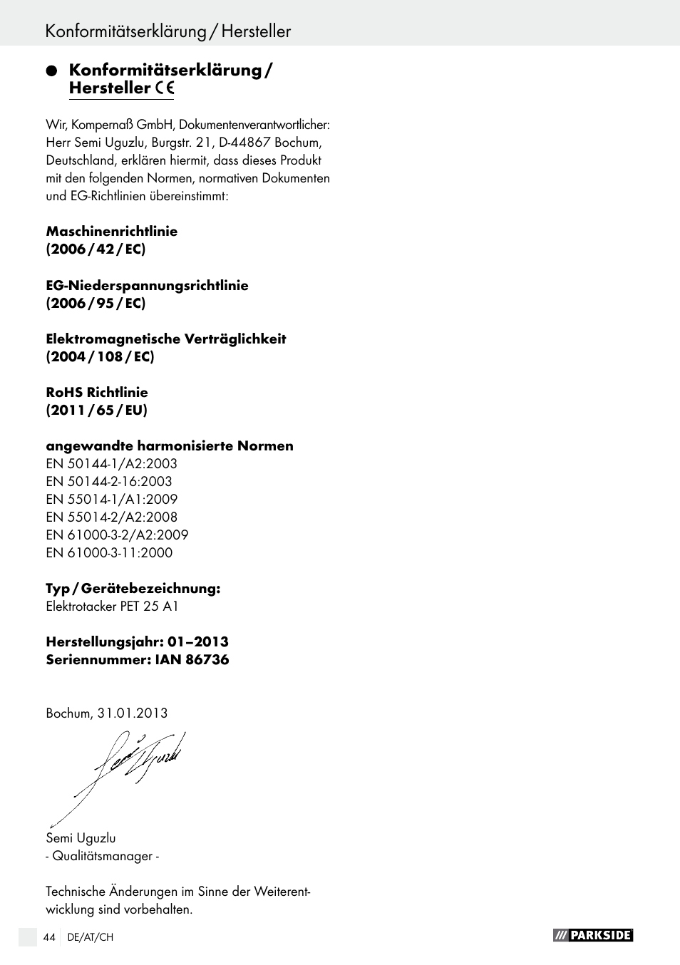 Konformitätserklärung / hersteller | Parkside PET 25 A1 User Manual | Page 44 / 45