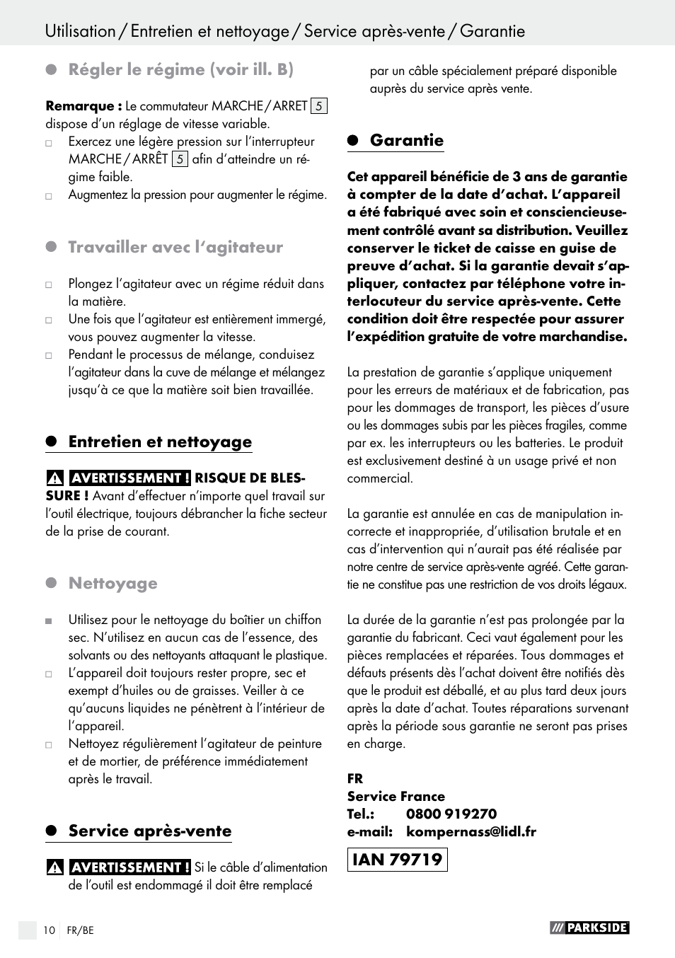 Régler le régime (voir ill. b), Travailler avec l‘agitateur, Entretien et nettoyage | Nettoyage, Service après-vente, Garantie | Parkside PFMR 1400 B1 User Manual | Page 10 / 36